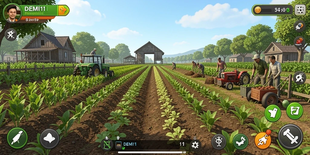 Tampilan gameplay <strong>DEMI11</strong> menampilkan kebun hijau dengan tanaman subur.