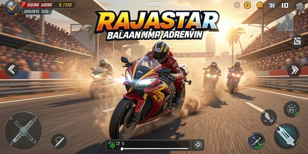 Screenshot utama RAJASTAR menunjukkan suasana balapan motor yang mendebarkan.