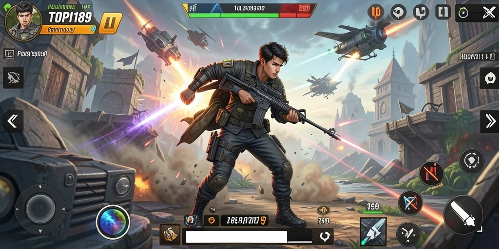 Screenshot utama menunjukkan momen mendebarkan dalam gameplay aksi.